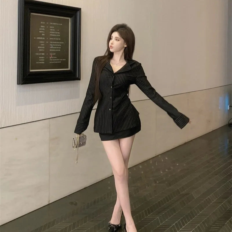 Striped Turn-down Collar Shirts Women Autumn Sexy Ladies Slim Fit Tops Long Sleeve Retro Fashion All-match Korean Style Popular