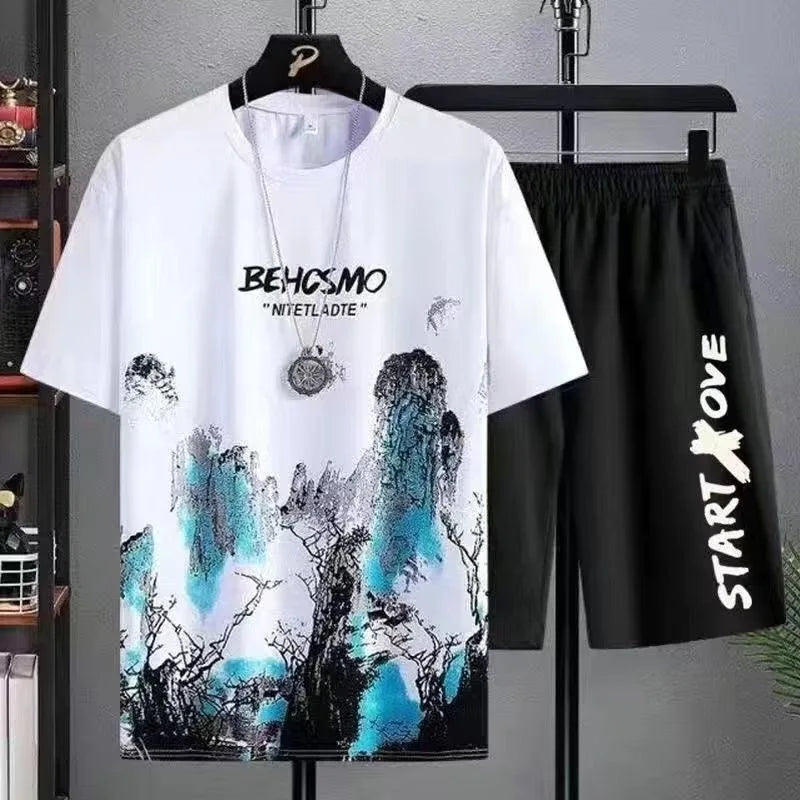 2025 Summer leisure Men set Manga Graffiti Tees T-shirt+shorts 2-piece Comfortable and breathable for men Top Print Tshirts sets