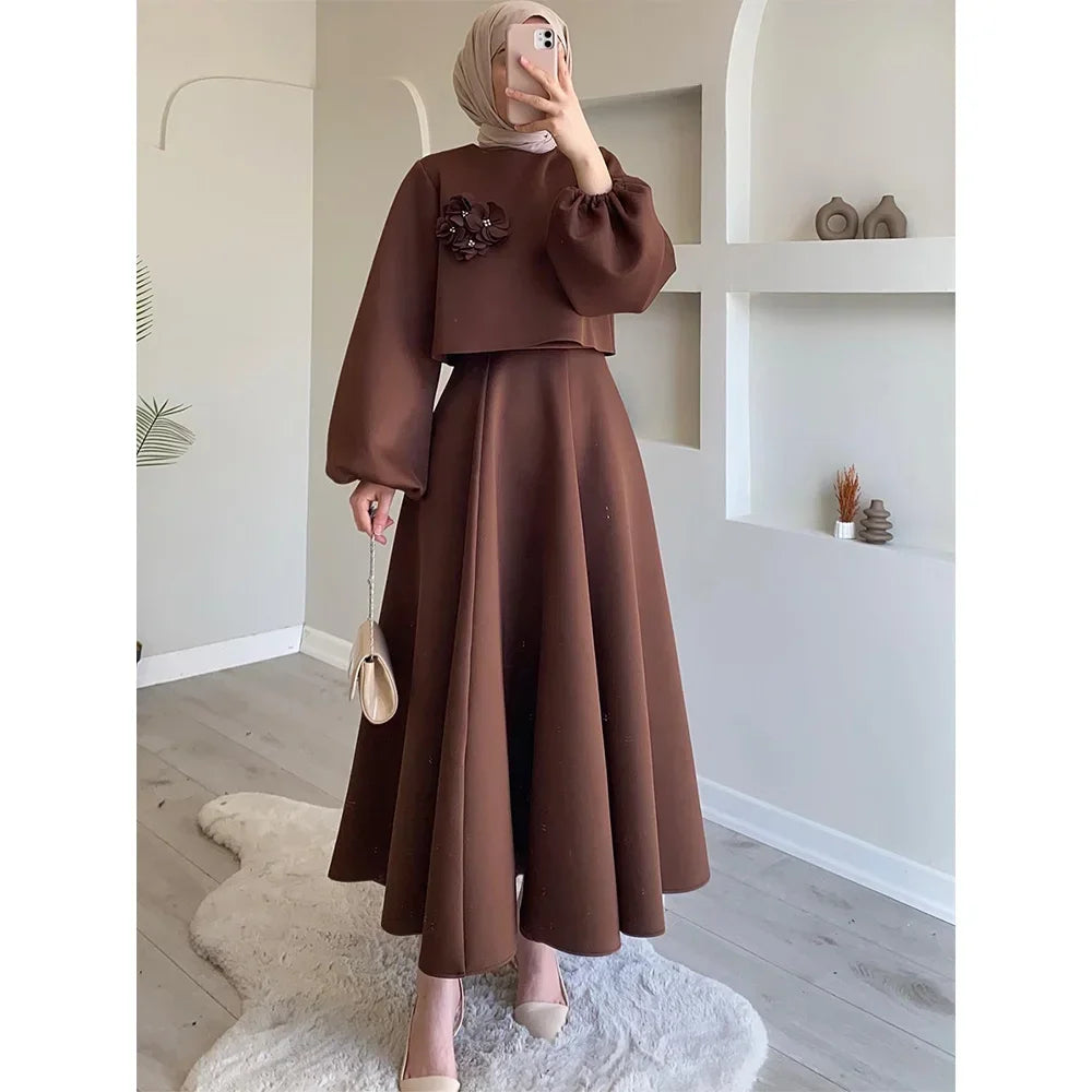 Eid Dubai Fashion Set 2 Piece Women Lantern Sleeve Top Shirt & Skirts Suits Appliques Sets