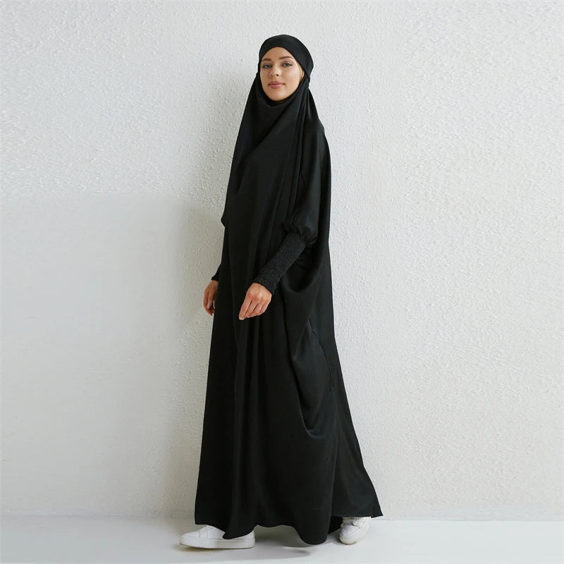 Abaya Hooded Smocking Sleeve One-piece Prayer Dress Women Jilbab  Clothing Dubai Saudi Black Robe Turkish Modesty