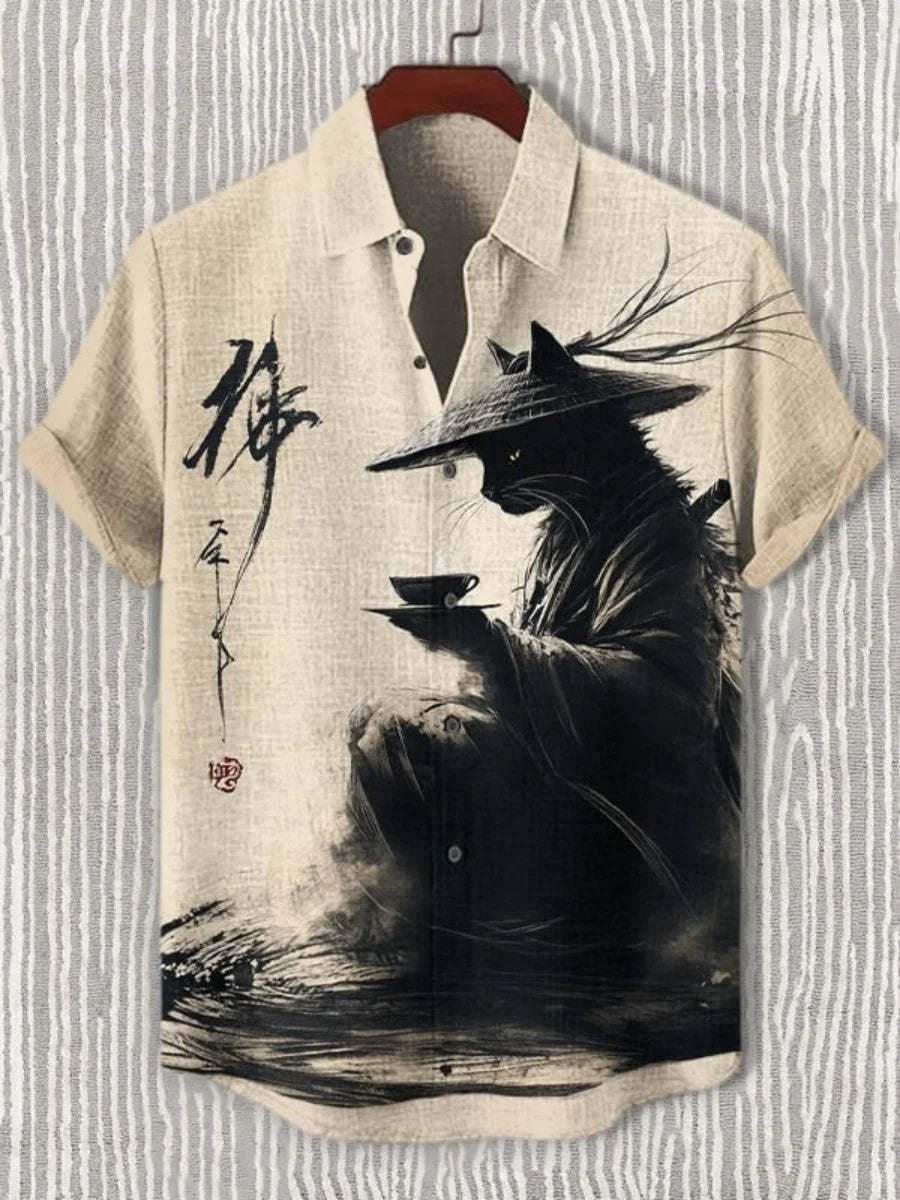 New men's fashionable shirts, 3D art printed Bushido patterns, casual and comfortable shirts, summer short-sleeved shirts