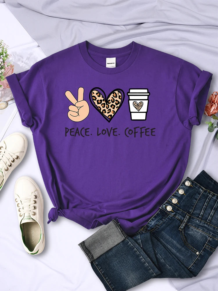 Women's Peace Love Coffee Printed Quality T-Shirts Brand Breathable O-Neck Tshirt For Women