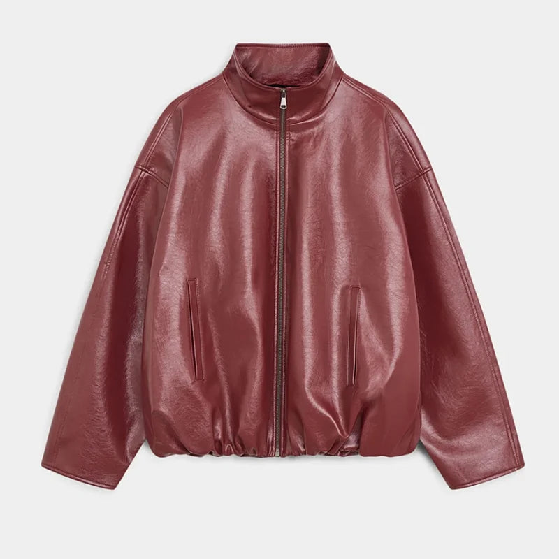 ladies Stylish Leather Solid Jacket Pants Set Women Stand Collar Zipper Coat Loose Trousers Sets Female 2025 Autumn Fashion Streetwears