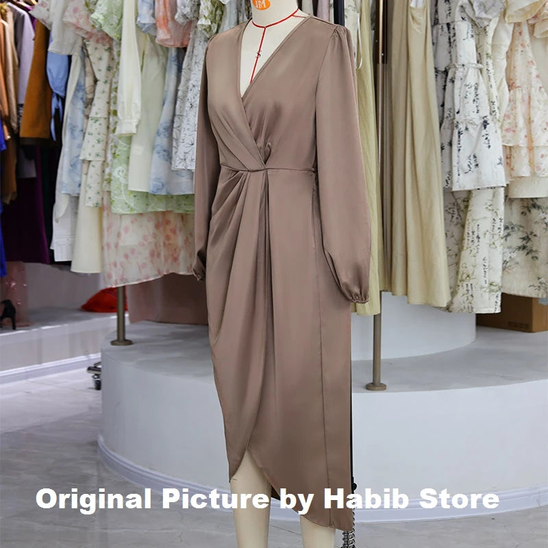 Women 2025 New Long Dress Elegant Round Neck Satin Long Sleeve Office Lady Midi Slim Evening Party Dresses Sexy Dress Chic Robe