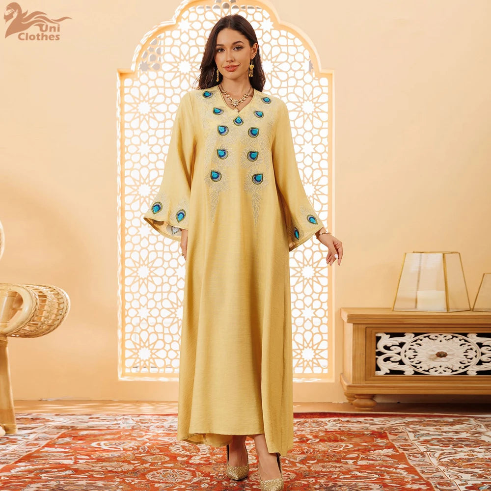 Elegant Women Evening Dress Solid V-Neck abaya Long Sleeve