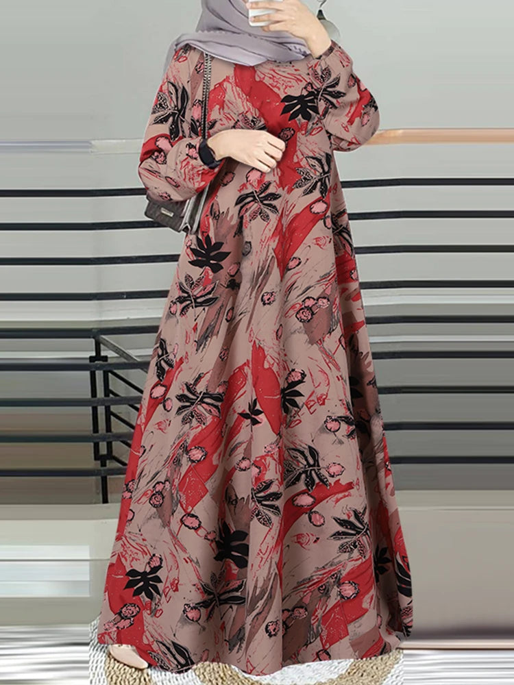 2025 ZANZEA Vintage Elegant Women Long Sleeve Muslim Dubai Dress Clothing Floral Printed Turkey Abaya Hijab Sundress
