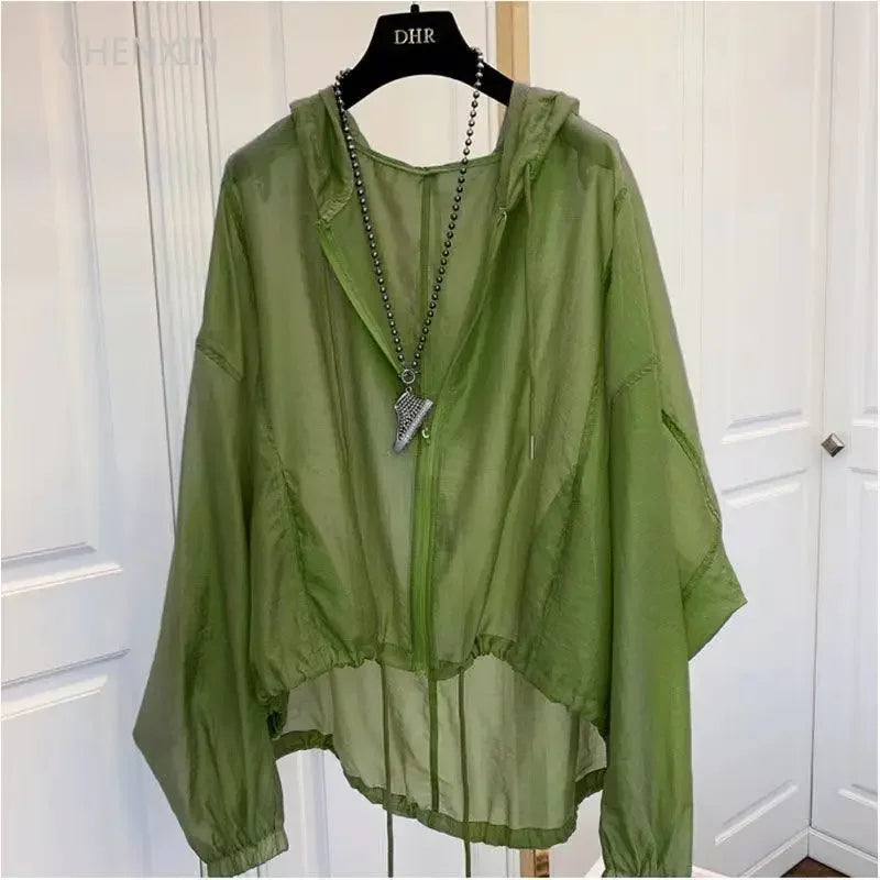 Women Hooded Jackets Summer Sun-proof Zipper Coats Thin Loose See Through Outerwear Breathable Outwear Lightweight Clothes White