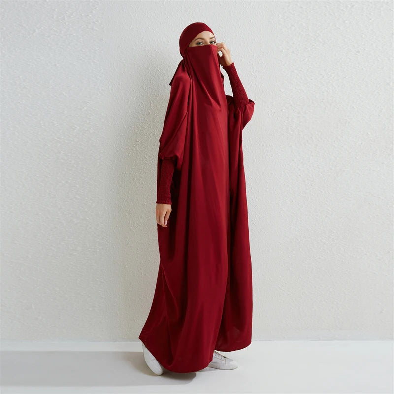 Abaya Hooded Smocking Sleeve One-piece Prayer Dress Women Jilbab  Clothing Dubai Saudi Black Robe Turkish Modesty