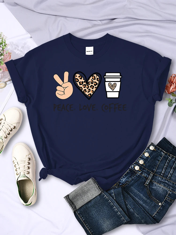 Women's Peace Love Coffee Printed Quality T-Shirts Brand Breathable O-Neck Tshirt For Women
