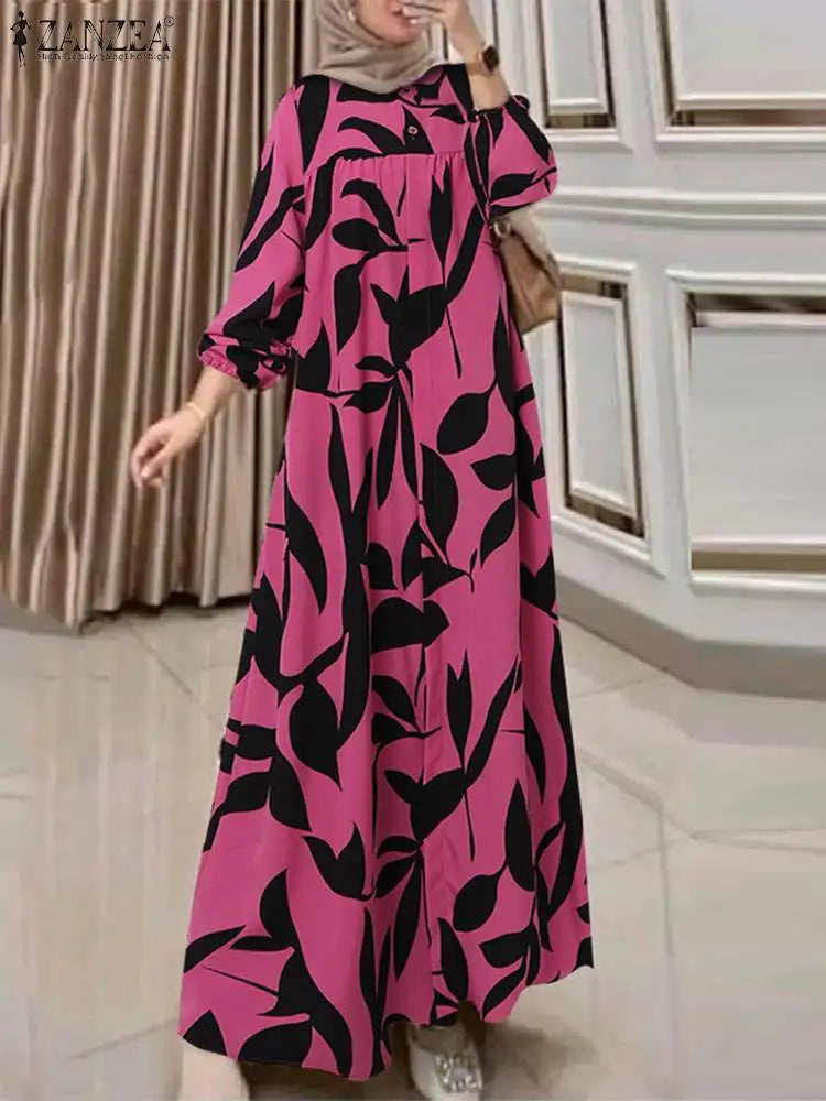 2025 ZANZEA Autumn Sundress Fashion Women Long Sleeve Dress Abaya Bohemain Floral Print Maxi