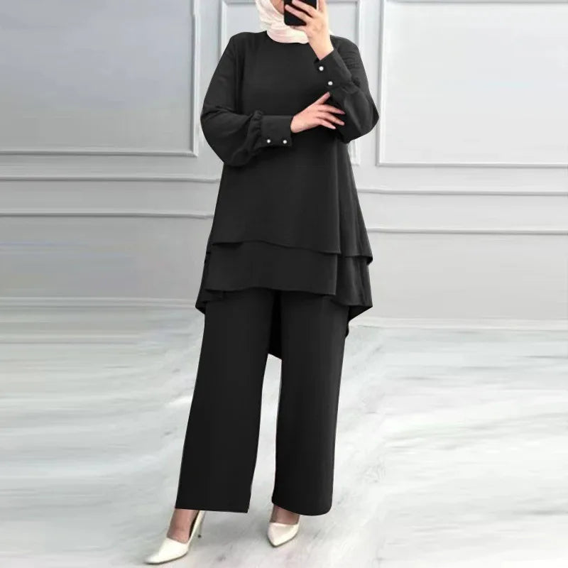 Women 2 Piece Set Blouse Double Top Wide Leg Pants Suit Casual Ensemble  Arab Trousers Outfits