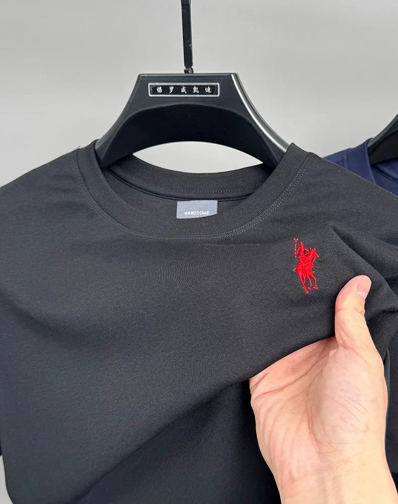 High end short sleeve T-shirt men's fashion brand pony embroidery summer new silk cotton breathable casual round neck Paul top