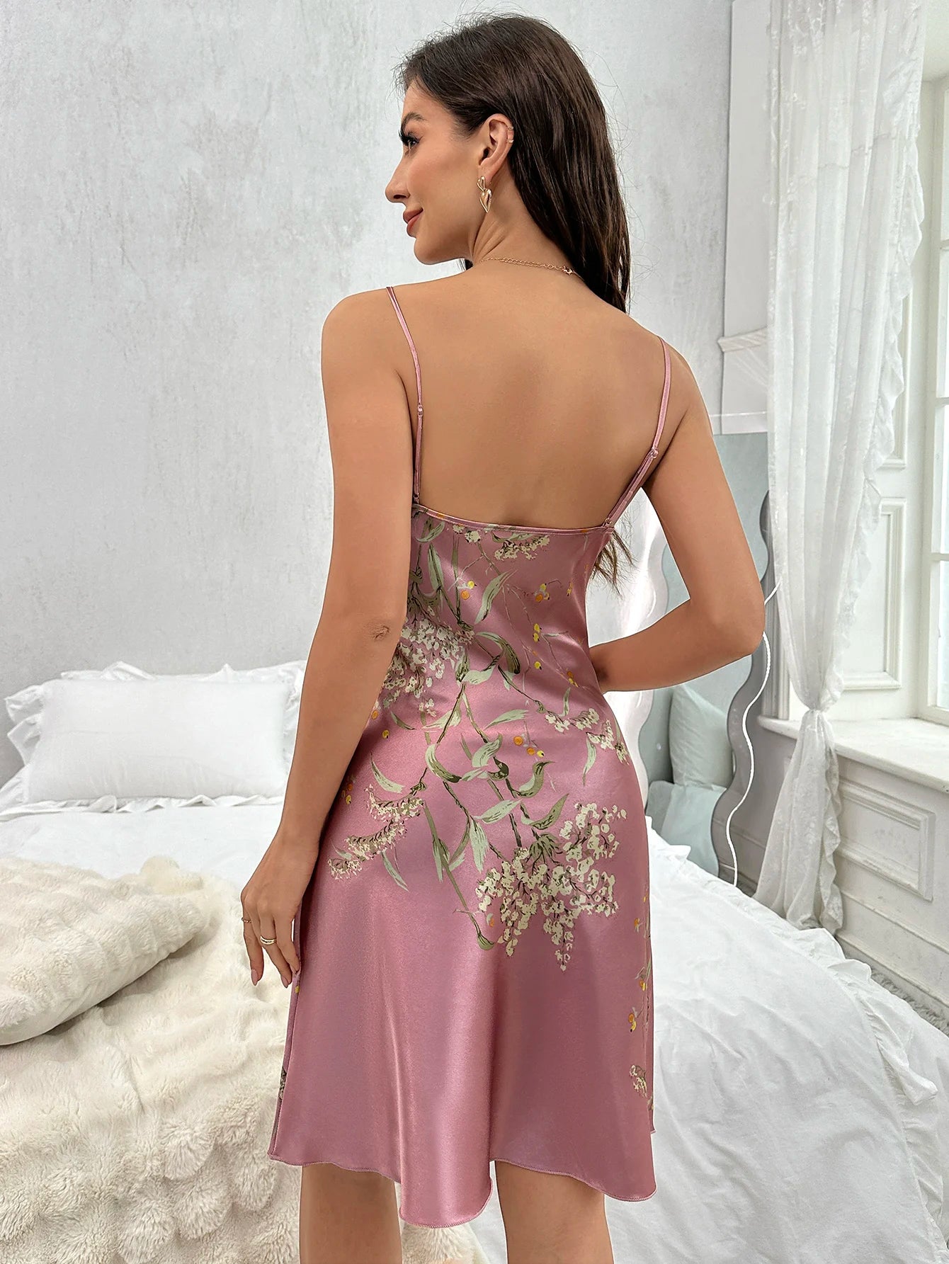 Women's Floral Print Nightdress Sexy V Strap Sleep Dress