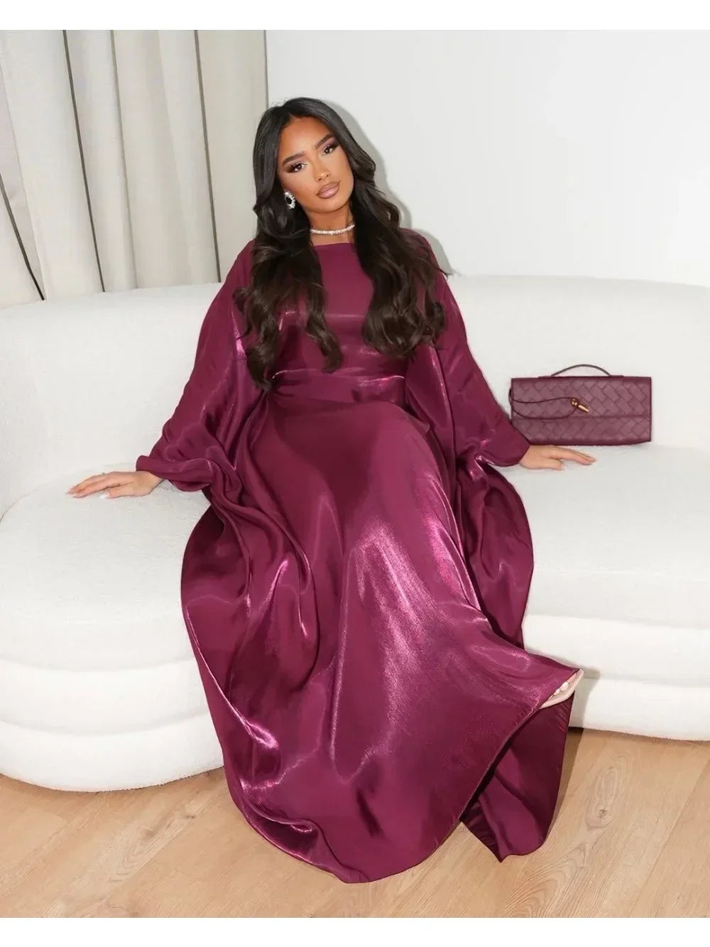 Rose Dress Shiny Batwing Satin Maxi Abaya Dubai Luxury 2025 Femme Long Robes