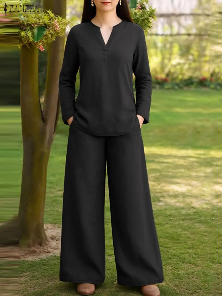 2025 Autumn Outfit Women 2 Piece Sets ZANZEA Casual V Neck Long Sleeve Tops Pant Suit Elegant Solid Loose Work Tracksuit