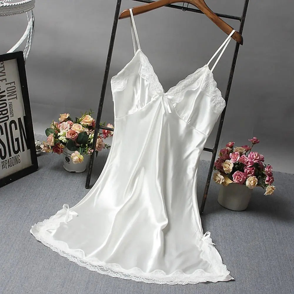 Sexy Lace Patchwork Camisola Lingerie Silk Dress Sleep Wear Nightdress