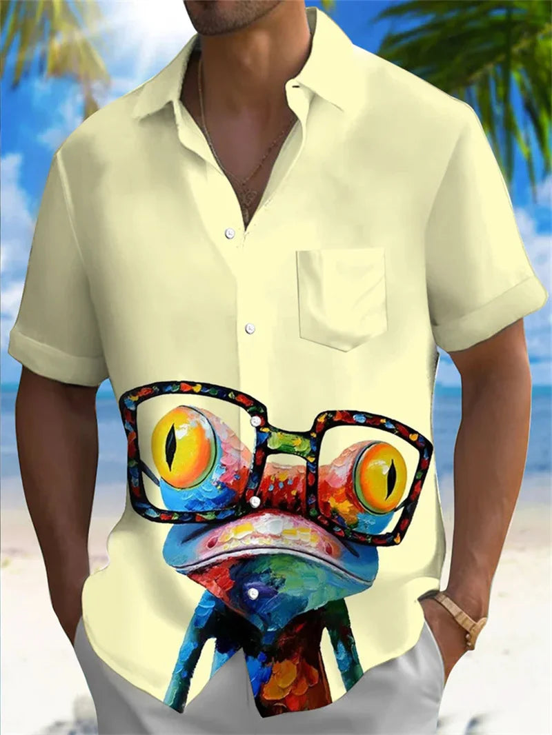 Men's Fashion Collar Shirt Fun Animal 3D Printed Shirt Casual Short Sleeve Oversized Men's Fashion Top