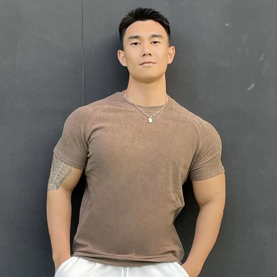 New autumn and winter fitness brothers sports men's T-shirt de velvet round neck running short sleeve men high neck casual shirt
