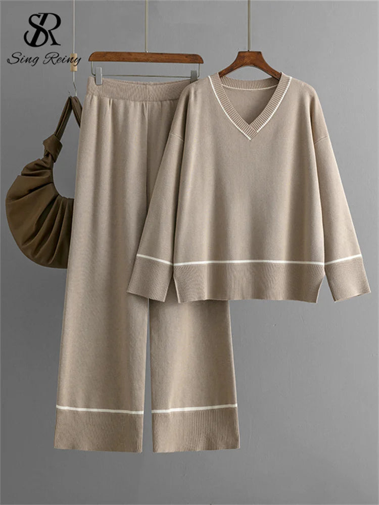 SINGREINY Homewear Knitting Sets Women V-Neck Split Basic Loose Tops+High Waist Wide Legs Pants Casual Autumn Winter 2PC Suits