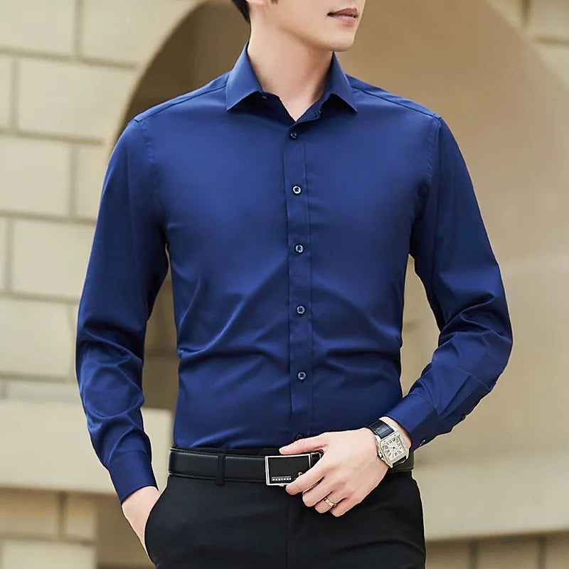 Men Solid Color Shirt Casual White Long Sleeve Shirt