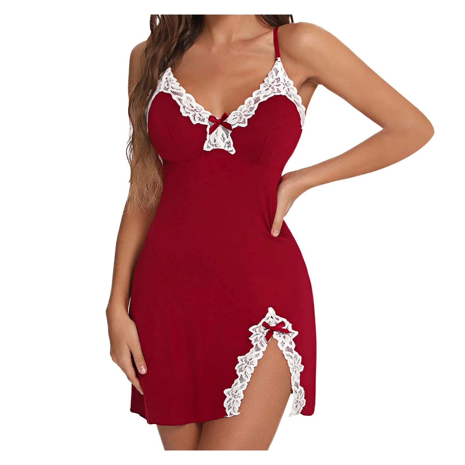 Sleepwear Women Lace Silk Satin V-Neck Nightgown Split Hem Soft Lingerie Night Dress Sleeveless Sleepwear Female Clothes