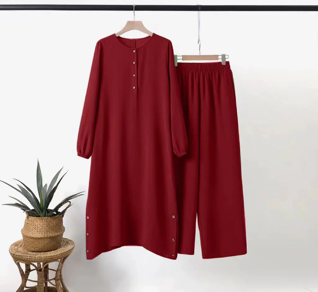 Two Piece Women Modest Set Top Lace Up Wide Leg Pants Suit Ramadan  Casual Ensemble Arabic Outfits