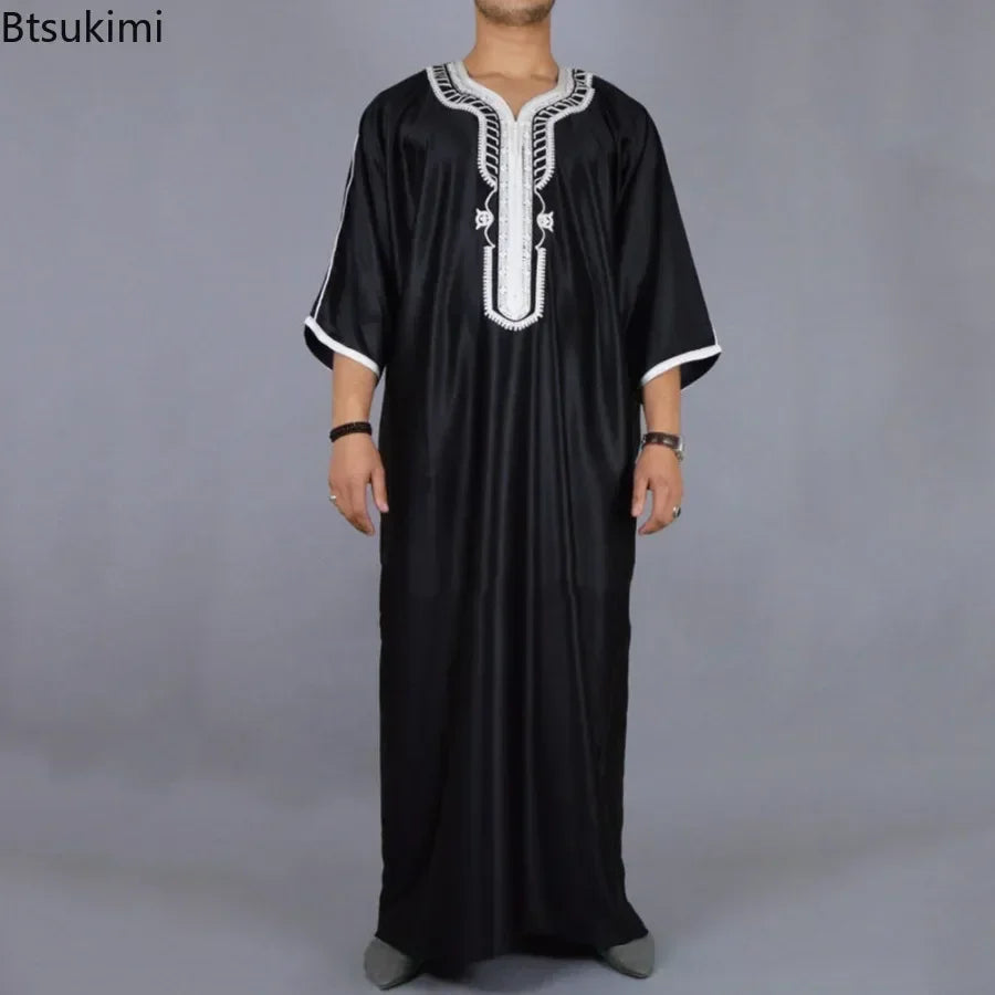 New 2025 Islamic Clothing Men Robe Kaftan Muslim Man Moroccan Casual Long Dress Arabic Striped Robe Middle East National Costume