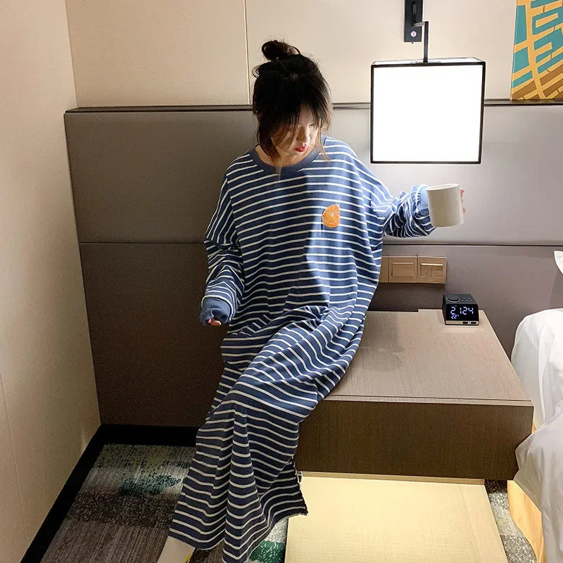 2025 Women Sleepwear Spring Summer Plus Size Night Dress for Lady Cute Long Sleeve Loose Embroidery Cartoon Sleepshirts Pajamas