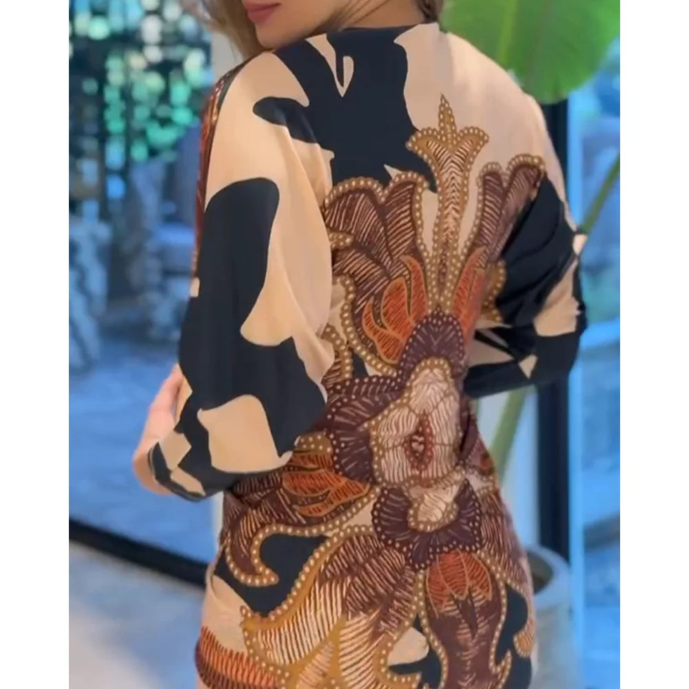 Women Fashion Vintage Baroque Print Long Sleeve Bodycon Dress Casual Plunge V Neck Ruched Slim Fit Midi Dress Party Elegant Wear