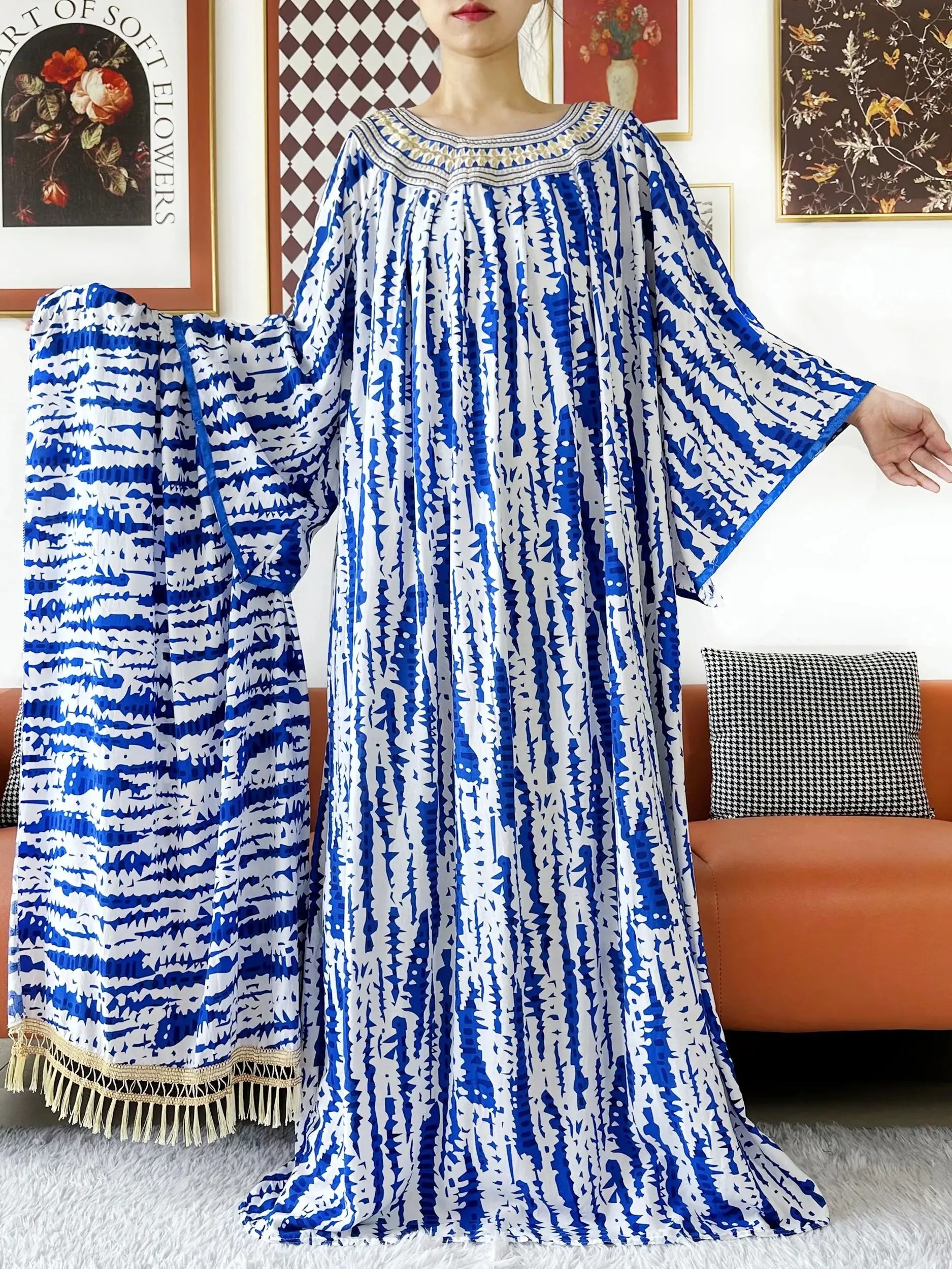 2025 Summer Short Dress Embroidered Round Neck Cotton Women Loose Abaya Boho Maxi Dress Casual Fashion Dress African Vestidos