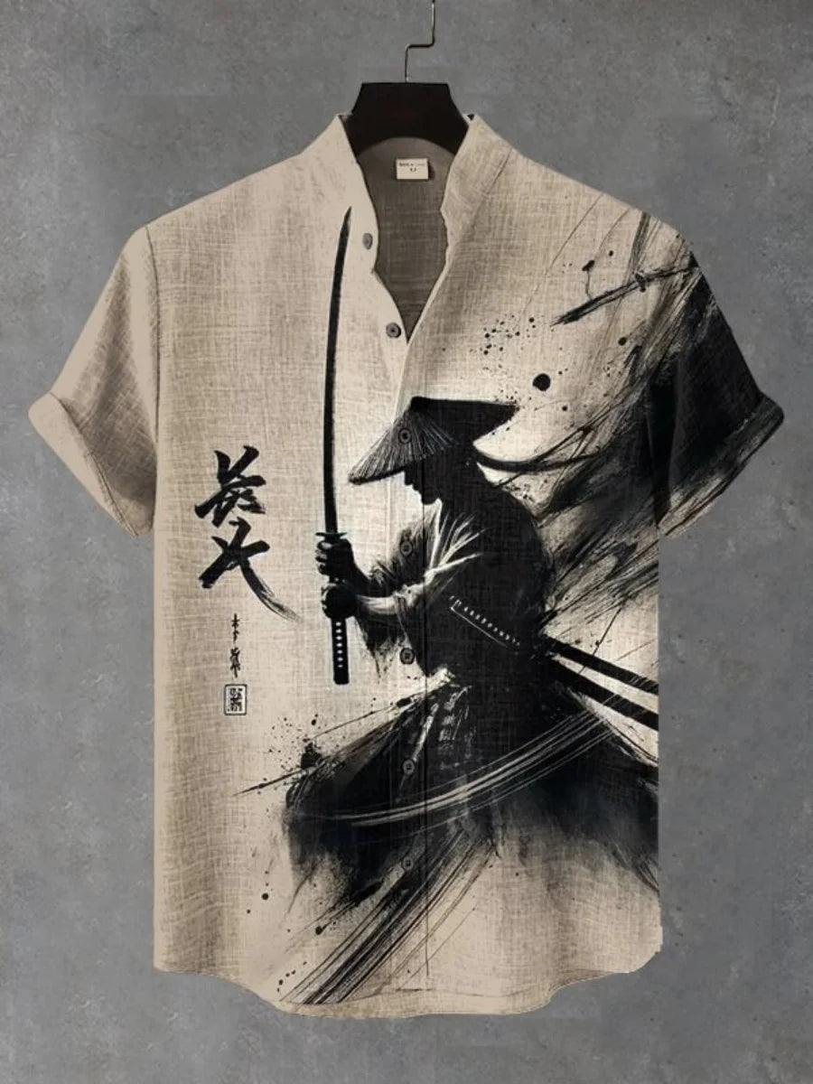 New men's fashionable shirts, 3D art printed Bushido patterns, casual and comfortable shirts, summer short-sleeved shirts