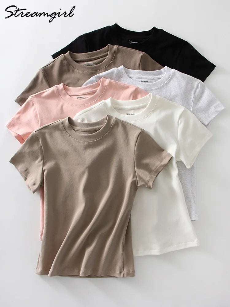 Exquisite Short T Shirts For Women Summer O Neck Slim Cotton Top Tees Streetwear Short Sleeve White Elastic Women's T-shirt Black