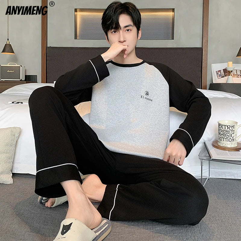 Winter Autumn Men Pajamas Set Faux Cotton Sleepwear Leisure Pyjamas for Boy Casual Homesuit Long Sleeves Pijama Youth Nightwear