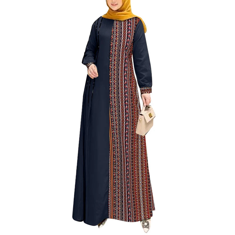 ZANZEA Women Ethnic Printed Panels Maxi Dress Long Sleeve Hijab O Neck   Patchwork  Loose Casual Abaya Robe