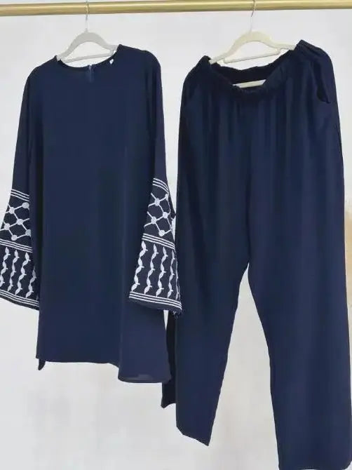 Eid Plain 2 Piece Abaya Set Tops Pants Sets Abayas For Women Clothing Robe  Femme