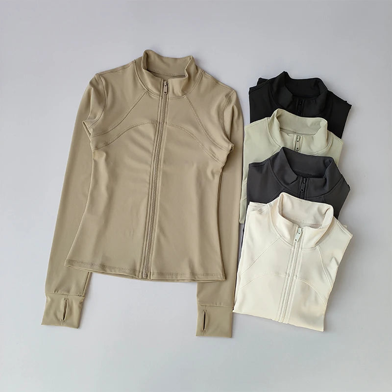 Women's High-end Standing Collar Long Sleeved Sports Jacket Running Training Fitness Top Windproof Running Suit