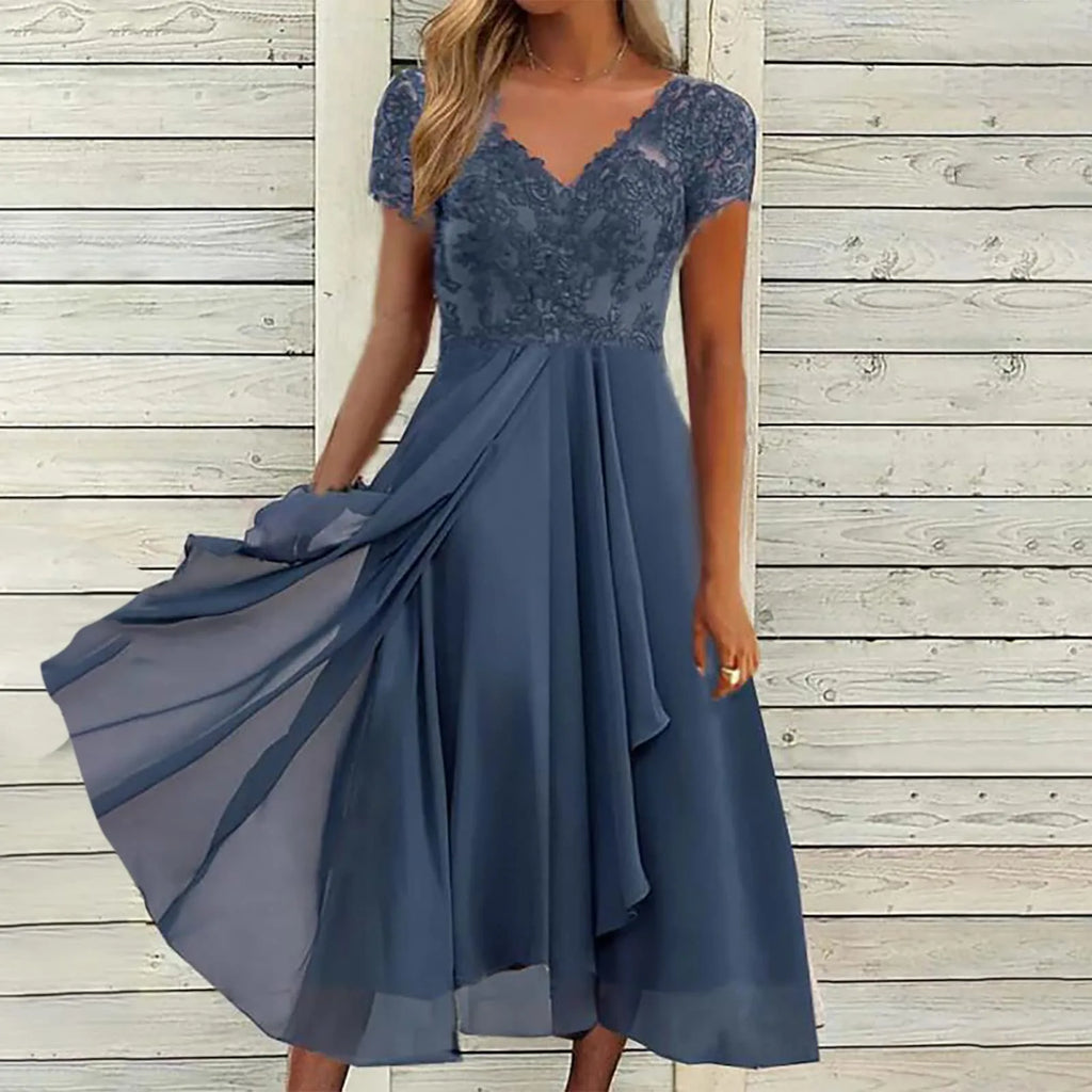 Vestidos Largos Dresses For Women Elegant Lace Chiffon Flowy Dress Evening Party Gown V Neck Short Sleeve Lace Chiffon Dress