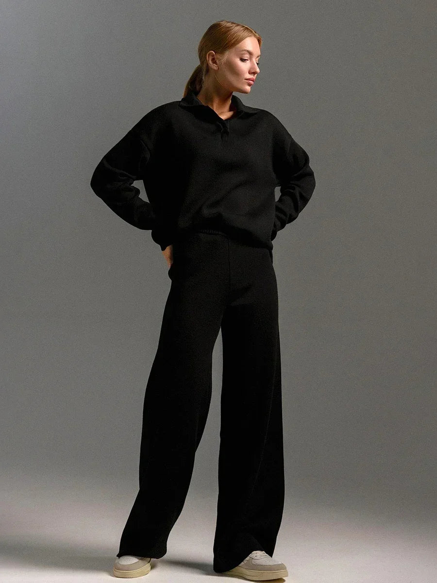 Bornladies Winter Thick Women Knitted Suits Soft 2 Pieces Sets  Polo Neck Sweater & Wide Leg Pants Knitted Outfit