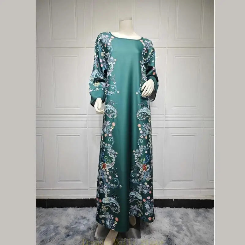 Women Kaftan Dress Full Length Print Rhinestones Pearls Embroidered Dress