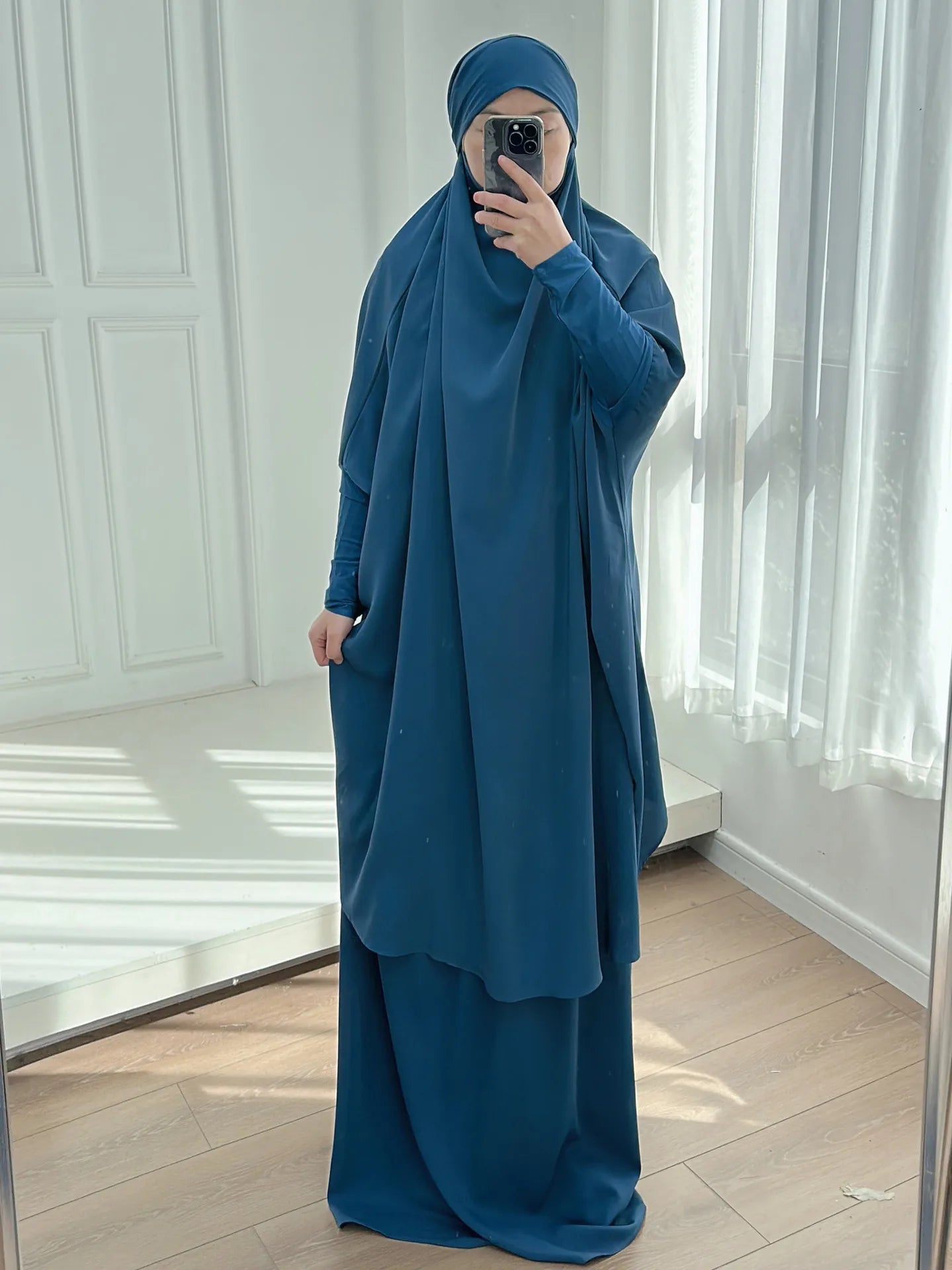 2 Piece Set Hooded Abayas and Skirt for Muslim Women Hijab Dresses Eid Ramadam Payer Garment Islamic Clothing Pink Black