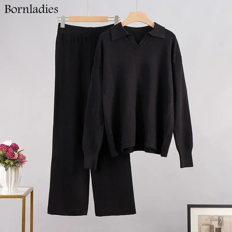 Bornladies Winter Thick Women Knitted Suits Soft 2 Pieces Sets  Polo Neck Sweater & Wide Leg Pants Knitted Outfit