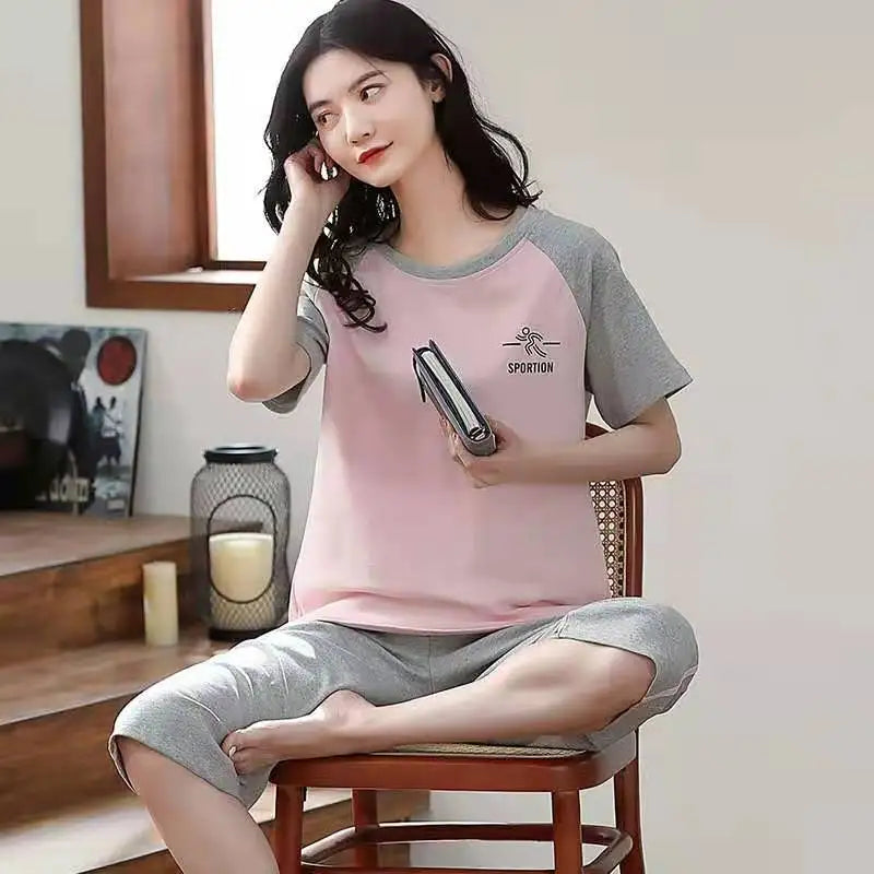 Women Sleepwear Half-Sleeve Seven-Quarter Trousers Student Nightwear Homewear Set Round Neck Cartoon Ladies Pajamas Loungewear
