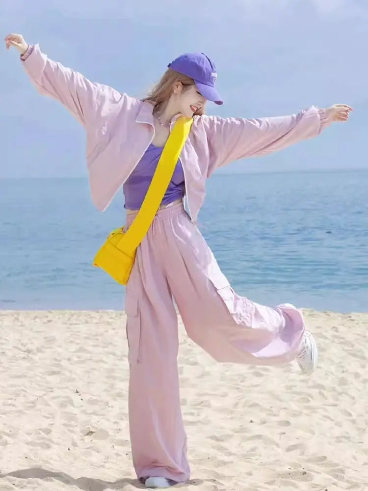 2025 New Women's Pink Tracksuit Set - Fashionable High-End Casual Sportswear with Matching Jacket & Pants for Everyday Elegance