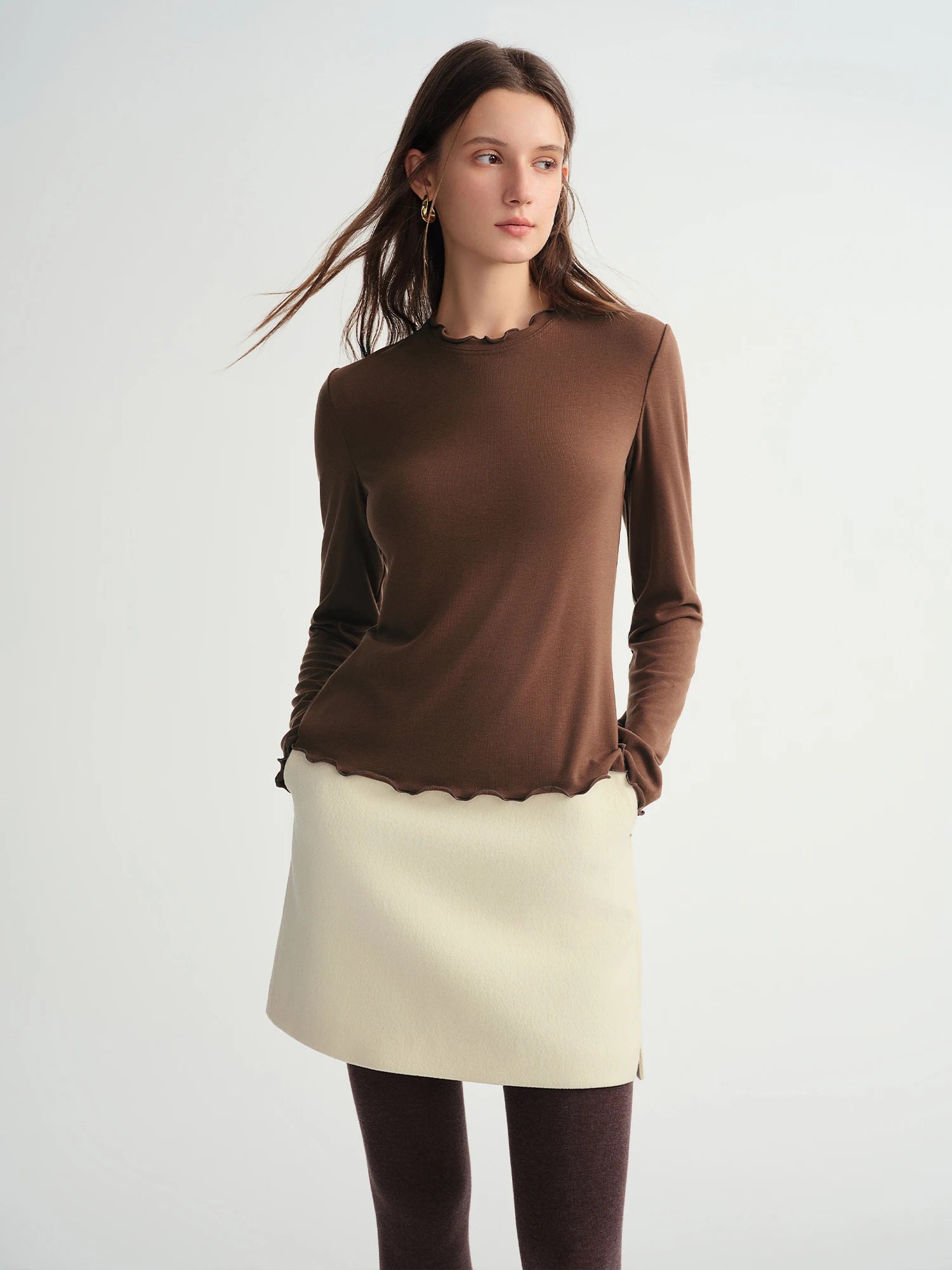 DUSHU Self-Heating Wool T-shirts Half-High Collar Soft Knit  Women's Longline Bralette Fall Winter Curvy Solid Color Pullovers