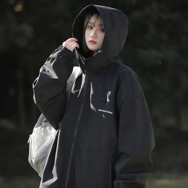 Women's Loose Windproof Zipper Hooded Jacket