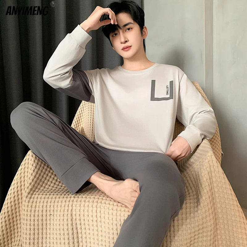 Winter Autumn Men Pajamas Set Faux Cotton Sleepwear Leisure Pyjamas for Boy Casual Homesuit Long Sleeves Pijama Youth Nightwear