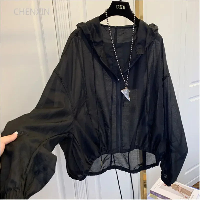 Women Hooded Jackets Summer Sun-proof Zipper Coats Thin Loose See Through Outerwear Breathable Outwear Lightweight Clothes White