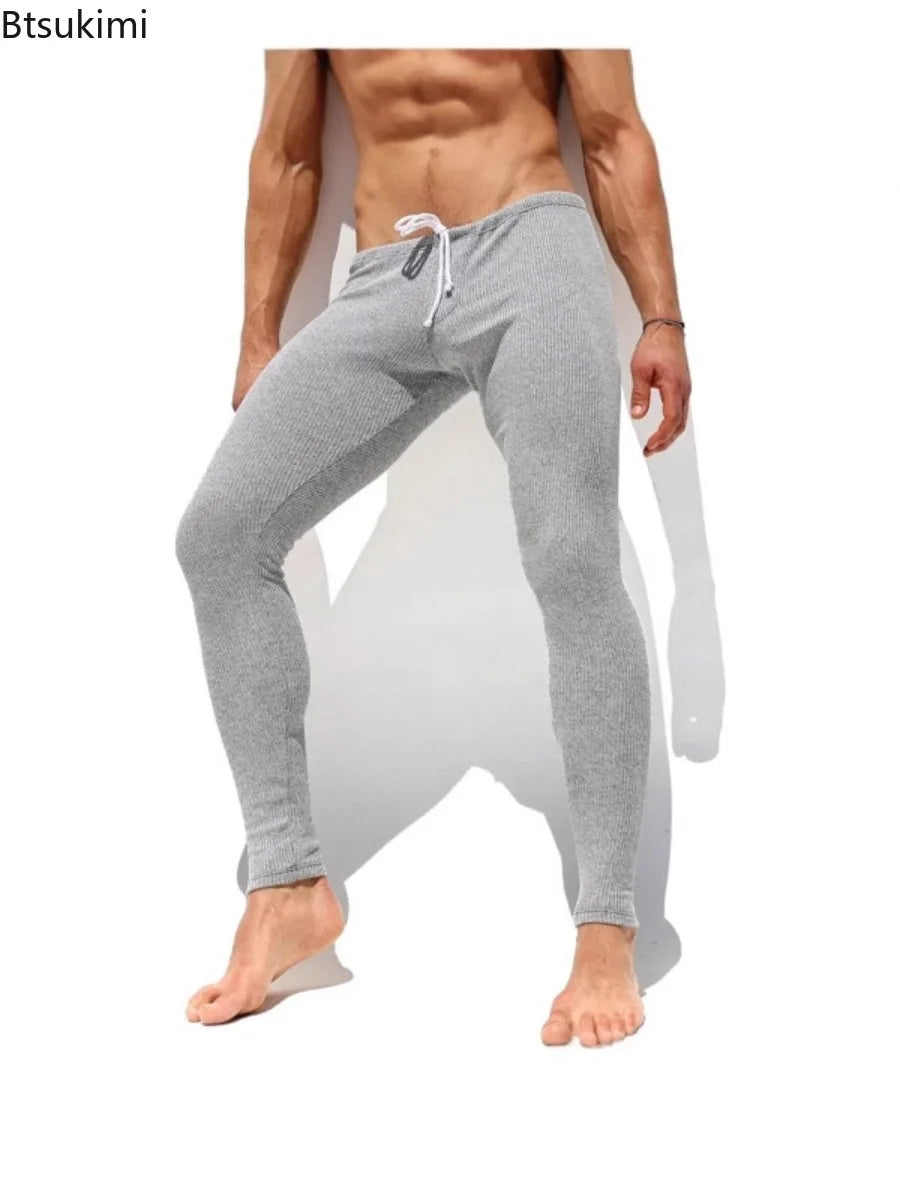 Men's Autumn Winter Casual Elastic Knitted Pants Soft Warm Pants for Sleepwear Men Slim-fit Elastic Fitness Pants Sleep Bottoms