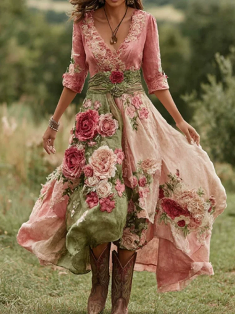 Casual Long Sleeve Party Dresses Elegant Flower Print Waist Big Swing Long Dress Women's Sexy Deep V-neck Draped Bohemian Dress