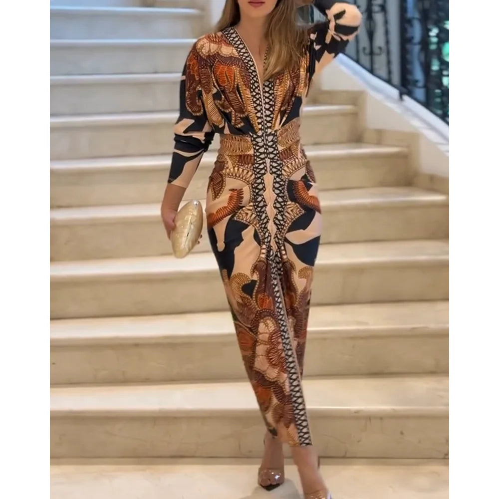 Women Fashion Vintage Baroque Print Long Sleeve Bodycon Dress Casual Plunge V Neck Ruched Slim Fit Midi Dress Party Elegant Wear